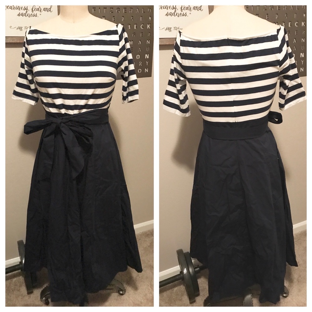 eShakti Navy & White Mixed Media Dress